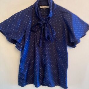 Vintage Holt Renfrew Navy & White Polka Dot Front tie blouse size Small
